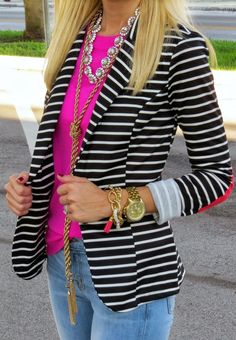 take off that rope and make it a cute outfit girl Striped Blazer Outfit, Hot Pink Shirt, Fantasy Closet, Daily Style, Striped Blazer, Blazer Outfits, Clueless, On Repeat, Work Attire