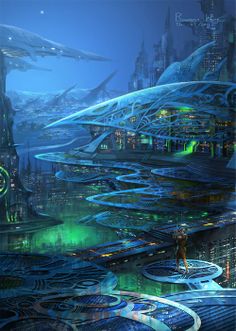 a futuristic cityscape with lots of blue and green lights