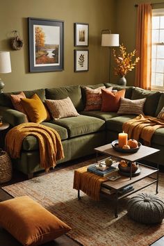 a living room filled with lots of furniture and pillows on top of a rug in front of a window