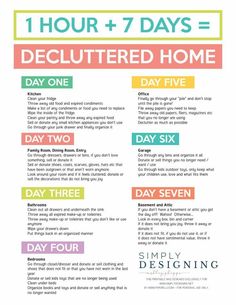 a poster with the words, 1 hour and 7 days to declutter home