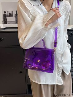 BagForLove - PVC Clear Square Bag with Top Handle and Funky Flap Product Description Color Purple Type Square Bag Bag Size Small Strap Type Top Handle Pattern Type Plain Style Fashionable Closure Type Flap Composition 100% Polyvinyl Chloride Material PVC Size Chart INCH CM Strap Length Bag Length Bag Width Bag Height Handle Height 43.3 inch 8.3 inch 2.8 inch 5.9 inch 3.5 inch Strap Length Bag Length Bag Width Bag Height Handle Height 110 cm 21 cm 7 cm 15 cm 9 cm Details Pictures Similar Products h2 { text-align: center; } /* æ¢è¡ */ li{ white-space: normal; word-break: break-all; word-wrap: break-word; } .red-box { width: 100%; display: flex; flex-direction: row; flex-wrap: wrap; justify-content: center; } .red-box > div { width: 190px; height: 250px; margin: 10px; } .red-box > div > a > Casual Purple Crossbody Satchel, Trendy Portable Purple Shoulder Bag, Trendy Plastic Bag As Gift, Portable Purple Satchel Shoulder Bag, Trendy Purple Shoulder Bag With Adjustable Strap, Purple Satchel Shoulder Bag, Casual Purple Satchel With Adjustable Strap, Plastic Satchel Shoulder Bag, Plastic Shoulder Bag