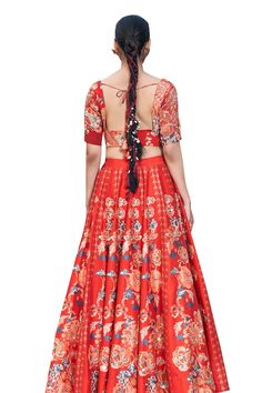 Red bemberg silk lehenga with floral digital printed motifs and sequins embroidery. Comes with a zari embroidered blouse. - Aza Fashions Sweetheart Blouse, Lehenga Pattern, Lehenga Blouse, Silk Lehenga, Sequins Embroidery, Floral Print Blouses, Embroidered Blouse, Set For Women, Aza Fashion