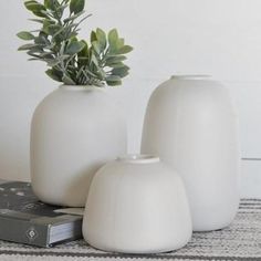 three white vases sitting on top of a table next to a book and plant