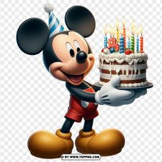 mickey mouse holding a birthday cake with lit candles on it, transparent background png