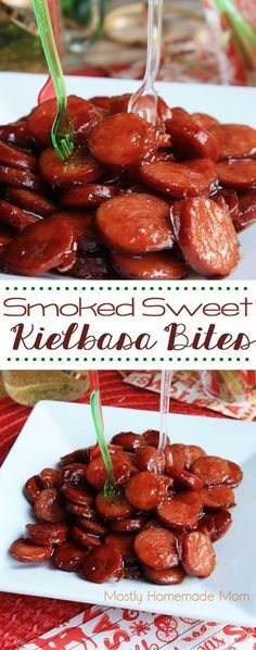 there is a white plate with red beans on it and the words smoked sweet kieleboa bites