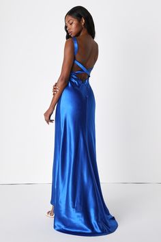 If you're looking for a cute outfit, start at Lulus. Silk Prom Dress, Blue Satin Dress, Prom Dress Inspo, Strappy Maxi Dress, Blue Dress Formal, Sophia Bush, Formal Dresses Gowns, Prom Dress Inspiration, Cute Prom Dresses