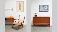 two pictures of chairs and a table in an empty room with paintings on the wall