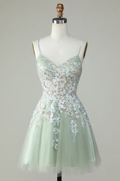 Homecoming Dresses With Flowers, Junior Prom Dresses Short Classy, Sage Green Grade 8 Grad Dress, Tangled Theme Hoco Dress, Flowy Homecoming Dresses Short, Sage Hoco Dress, Fairytale Hoco Dress, Enchanted Forest Homecoming Dress, A Line Hoco Dresses