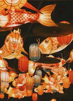 many lanterns are hanging in the shape of fish