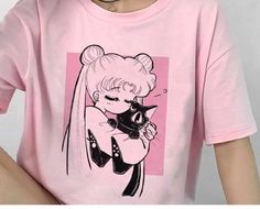 Pink Crew Neck T-shirt For Cosplay, Kawaii T-shirt For Cosplay With Crew Neck, Casual Graphic Print T-shirt For Cosplay, Casual T-shirt For Cosplay, Kawaii Crew Neck Tops For Fan Merchandise, Kawaii Fan Merchandise Tops With Crew Neck, Kawaii Style Fan Merchandise Tops With Crew Neck, Cosplay Cartoon Print Graphic Tee, Graphic Tee With Cartoon Print For Cosplay