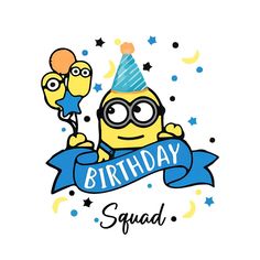 a cartoon character holding a blue ribbon with the words birthday squad on it and balloons