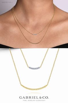 Parallel curved bar pendants garnish this chic layered necklace. The upper bar boasts 0.06cts of scintillating pavé diamonds, while the lower is crafted from twisted 14k yellow gold. With an adjustable claw closure, this sparkling style can be worn with a variety of necklines.   NK6087Y45JJ #GabrielAndCo #UniqueJewelry #FineJewelry#FashionJewelry#UniqueJewelry#GiftIdeas #DiamondNecklace #GoldNecklace Elegant 14k Gold Bar Necklace For Formal Occasions, Elegant Gold Diamond Bar Necklace, Elegant Gold Bar Necklace For Layering, Bar Pendants, Hearts On Fire, Diamond Bar Necklace, Diamond Pendants Designs, Retail Jewelry, Curved Bar