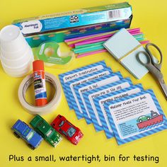 the contents of a craft kit including scissors, tape, glue and other items on a yellow background