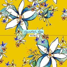 an image of flowers painted in watercolors on yellow and blue paper with the words guilt less prints