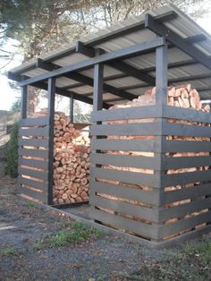 a large pile of wood sitting inside of a wooden shelter on top of grass covered ground