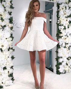 lace white homecoming dress, short formal dress Off-shoulder Lace Dresses For Prom Season, Off-shoulder Lace Dresses For Prom, Lace Off-shoulder Dresses For Prom Season, Off-shoulder Lace Mini Dress For Wedding, White Off-shoulder Dress For Homecoming, White Off-shoulder Homecoming Dress, White Mini Dress With Lace Trim For Prom, White Mini Dress For Homecoming And Prom, White Mini Dress For Homecoming And Prom Season