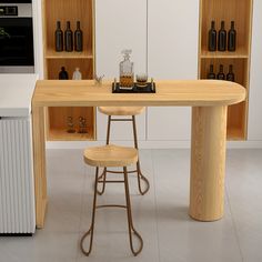 a wooden table with two stools in front of it and bottles on the shelves