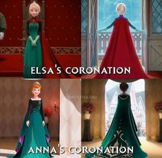 there are pictures of princesses in their dresses and the caption says, elsa's coronation