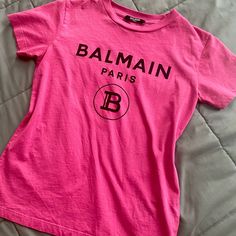 This Is Size 10y Kids But Fits Perfectly As A Xs Women New Without Tags Designer Letter Print Tops For Spring, Designer Tops With Letter Print For Spring, Designer Spring Tops With Letter Print, Designer Pink Short Sleeve Tops, Designer Pink Crew Neck Tops, Pink Short Sleeve T-shirt With Number Print, Balmain Pink Bag, Balmain Hoodie, Balmain Top