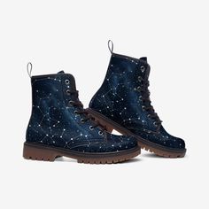 Rubber sole Faux Leather Padded collar for added comfort Lace-up front Wide Fit Galaxy Boots, Festival Boots, Custom Painted Shoes, Navy Boots, Leather Work Boots, Vegan Leather Boots, Custom Painted, Leather Work, Motorcycle Boots