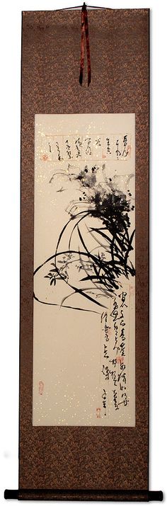 This wall scroll features beautiful black ink orchid flowers. Wall Scroll, Chinese Bamboo, Japanese Quilts, Bamboo Wall, Wooden Knobs, Orchid Flowers, Beautiful Orchids, Hand Painted Artwork, Orchid Flower