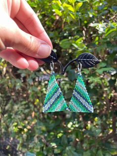 Original design with Toho seed beads on silver huggie hoops. Green Beaded Earrings With Silver Beads As Gift, Flat Earrings, Beaded Flats, Beaded Earrings Patterns, Beaded Fringe, Earring Patterns, Brick Stitch, Fringe Earrings, Original Design