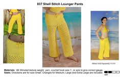 three pictures of women in yellow crocheted clothing on the beach, one with her stomach exposed