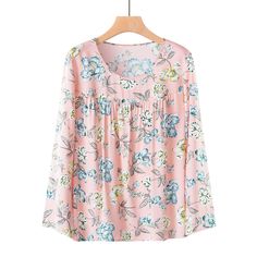 Womens Floral T-Shirts Light Weight Soft Full Flower Long Sleeve Tee Casual Spring Blouse With Plant Print, Casual Long Sleeve T-shirt With Plant Print, Spring Long Sleeve Tops With Plant Print, Casual Pink Rose Print Blouse, Pink Rose Print Top For Spring, Casual Pink Blouse With Rose Print, Spring Pink Rose Print Tops, Spring Floral Print V-neck Shirt, Cotton V-neck Shirt With Floral Print