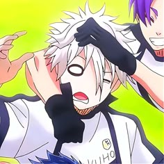 two anime characters one with purple hair and the other wearing black gloves, are touching their hands