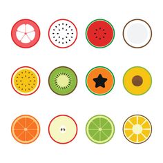 different kinds of fruit cut in half and arranged on a white background, top view