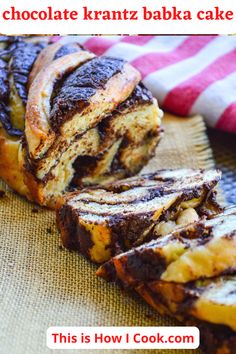 chocolate krautz bakka cake is cut in half and stacked on top of each other