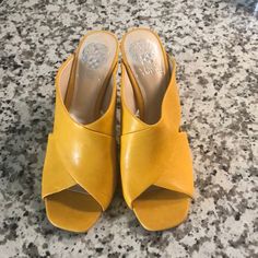 Preowned New Condition.Slip On Heels Mules Cross Cross Design 4 Inch Please See Pictures Slip On Heels, Summer Yellow, Shoes Spring, Cross Design, Vince Camuto Shoes, Cross Designs, Mule Clogs, Mules Shoes, Gold Yellow