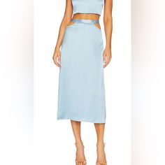 Nwt- Weworewhat X Revolve Cut Out Midi Skirt In Airy Blue - New With Tags - Soft Satin Fabric - Side Cut Outs - Back Half Zip - Midi Length - Ties In Back Measurements In Photos Blue Midi Bottoms For Night Out, Blue Midi Length Bottoms For Night Out, Chic Light Blue Midi Skirt, Blue Pencil Maxi Skirt For Spring, Light Blue Skirt For Night Out In Spring, Light Blue Skirt For Spring Night Out, Chic Blue Midi Length Bottoms, Blue Midi-length Bottoms For Party, Blue Midi Length Skirt