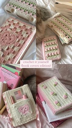 cute crochet ideas and inspiration (book covers and sleeves) Cute Crochet Book Covers, Crochet Diary Cover, Crochet Book Cover Aesthetic, Knitting Book Cover, Crochet Book Sleeve With Pocket, Crochet Sketchbook Cover, Book Cover Diy Ideas, Cute Crochet Book Sleeve, How To Crochet A Book Cover