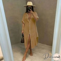 Solid Color Single-breasted Long Sleeve Shirt Dress Beach Style Women, Casual Beach Dress, Open Dress, Button Shirt Dress, Bohemian Dresses, Womens Beach Fashion, Boho Beach Dress, Shirt Dress Summer, Womens Floral Dress