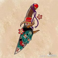 an artistic drawing of a dagger with flowers on it