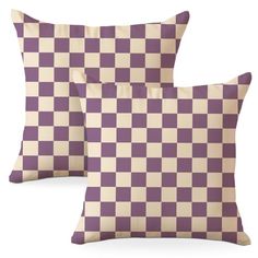 two purple and white checkered pillows on a white background with the same color as the pillow