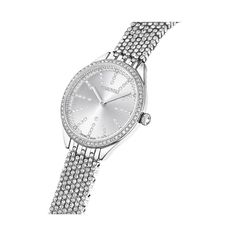 The simplicity of stainless steel has been beautifully lifted in this Swiss Made timepiece thanks to the compelling use of 433 crystals. On the silver-tone guilloche dial, you will discover crystals for index markers, while the slender bezel and bracelet are each adorned with their own pave of dazzling clear crystals. The 30mm watch is water-resistant to 50m and includes a single stone in its crown. The overall look is designed to make a subtle yet noticeable impact with any outfit you wear. Style #5644062..Movement- quartz.Case- round, silver-tone stainless steel, 30mm.Strap - white, stainless steel, butterfly clasp closure.Dial - silver-tone.Water-resistant to 50m.Item comes in a beautiful, sturdy gift box, suitable for gift giving or permanent jewelry storage.Set in stainless steel, Swa Elegant Round Diamond Watch With Crystal Accents, Elegant Round Diamond Watch With Crystal, Elegant Round Crystal Diamond Watch, Luxury Crystal Watches For Formal Occasions, Luxury Silver Watch With Crystal, Silver Diamond Watch With Crystal, Silver Watches With Rhinestones, Silver Crystal Watch With Round Dial, Silver Crystal Watch