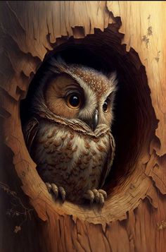 an owl is sitting in the hollow of a tree