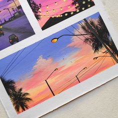 four pictures of palm trees and street lights at sunset, with the sky painted in different colors