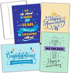 four greeting cards with congratulations messages on the front and back, all in different colors