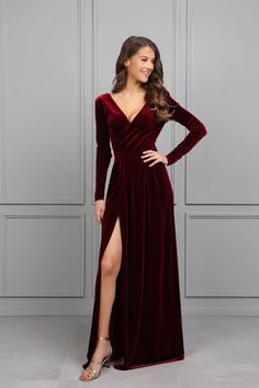 Burgundy Velvet Dress Low V Back Surplice Neck Leg Split - Etsy Bosnia and Herzegovina Outfit Boda, Burgundy Velvet Dress, Long Sleeve Bridesmaid Dress, January Wedding, Kebaya Dress, Velvet Bridesmaid Dresses, Burgundy Bridesmaid, Neck Deep, Velvet Maxi Dress