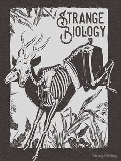 a black and white drawing of a giraffe wearing a skeleton costume with the words strange biology on it