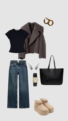 a woman's outfit and purse is shown with shoes, tote bag, sweater, watch