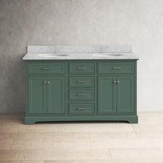 a bathroom vanity with two sinks and a marble counter top in an empty room that appears to be painted green