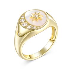 The crescent moon and star is one of our world's most ancient symbols, combining powerful icons joining man and woman. The star represents the female principle, and celebrates the cosmic powers of the love Goddesses Venus. This signet ring captivates us with its sparkling diamond and gold tone details. We love that it is bursting with celestial wonder!Carat Weight: 0.544 ctStone Size: 1.3,1.5,1.7,2.1,2.5 mmStone Type: Jeulia® StoneNumber of Stones: 9 Stone Shape: RoundStone Color: Diamond WhiteW Celestial Star Jewelry, Celestial Style Ring With Polished Finish, Celestial Open Ring With Moon Charm, Celestial Open Ring Jewelry, Celestial Style Polished Ring, Symbolic Sun And Moon Star Jewelry, Mystical Moon Phase Ring, Celestial Star-shaped Jewelry With Polished Finish, Mystical Gold Rings With Sun And Moon Design