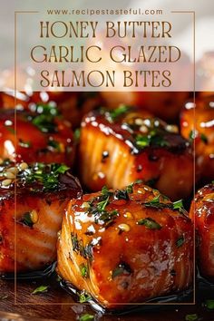 honey butter garlic glazed salmon bites on a plate with text overlay that reads, honey butter garlic glazed salmon bites