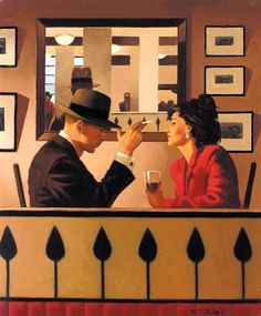 a painting of a man and woman looking at each other in front of a mirror