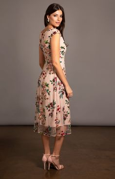 Chiffon Midi Dress Weddings, Chic Knee-length Floral Embroidery Midi Dress, Chic Knee-length Midi Dress With Floral Embroidery, Feminine Floral Embroidered Midi Dress For Wedding Guest, Spring Wedding Guest Midi Dress With Floral Embroidery, Spring Floral Embroidered Midi Dress For Wedding Guest, Floral Embroidery Midi Dress For Garden Party, Feminine Midi-length Dresses With Floral Applique, Feminine Midi Floral Embroidered Dress