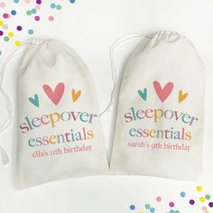 two personalized sleepover essentials bags with confetti sprinkles